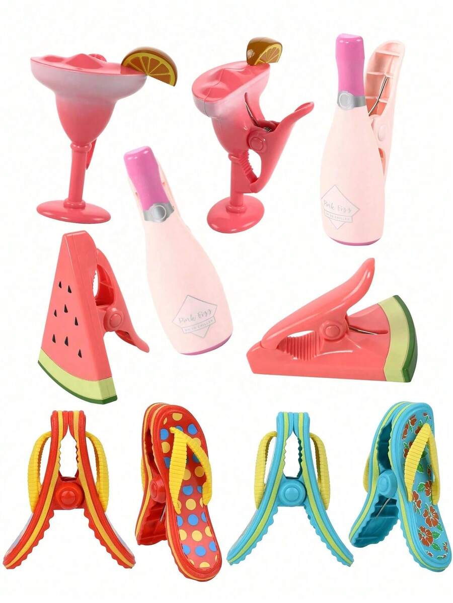 1/2Pcs Cute Cartoon Beach Towel Clips, Fun Cocktail Glass & Pineapple/Watermelon Design, Heavy Duty Plastic Clips For Towels, Clothes, Pool, Beach Chair, Home & Party Decoration - Multicolor - View 1