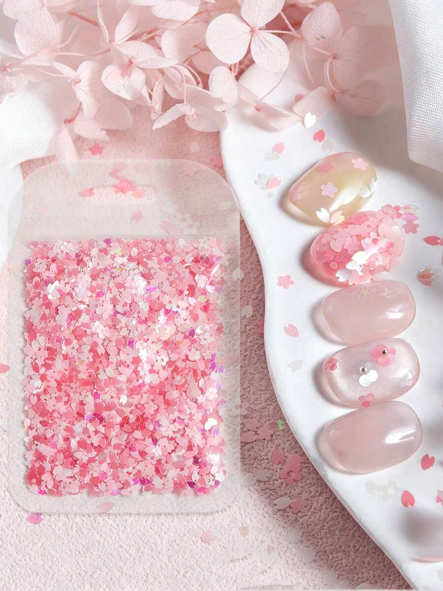 5克/包樱花亮片美甲套装，粉色和紫色五瓣花和爱心混合图案，精致风格美甲装饰DIY亮片