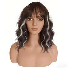 14" Brown Ombre Short Curly Bob Wig With Bangs For Women - Matte Heat-Resistant Fiber | Breathable Rose Net | Women Christmas Holiday Daily Wear - 挑染白色 - 查看 6