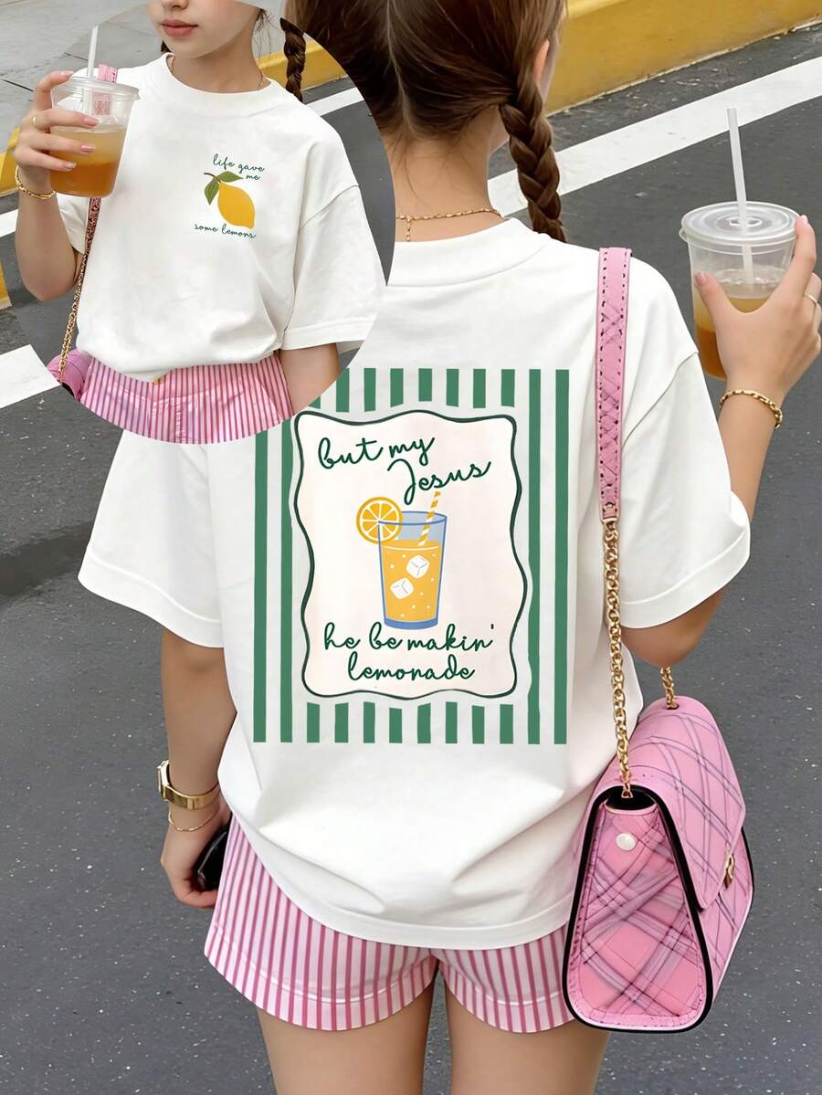 Life Gave Me Some Lemons, But My Jesus He Be Makin' Lemonade Print Summer Tops,Graphic Tee, Perfect For Cute Girls. Teen Girl Gift,Tween Summer Clothes,Comfortable And Breathable Children's Short-Sleeved T-Shirt. Suitable For Both Boys And Girls.Suitable For Daily Wear, Vacations, Outdoor Activities, And As A Children's Gift. - trắng - Xem 1