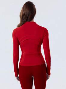 Women's High Stretch Slim Fit BBL Jacket Gold Zip Up Stand Collar Thumb Hole Activewear Top Multi Color Gym Workout Casual Wear - New Year Red/Gold - 查看 4