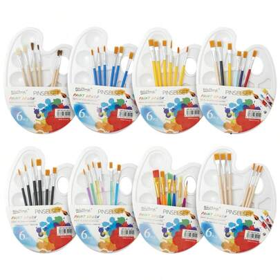 6件套儿童绘画调色盘套装，多隔层水彩/水粉颜料调色盘，学生数码油画调色盘（笔杆颜色随机搭配）