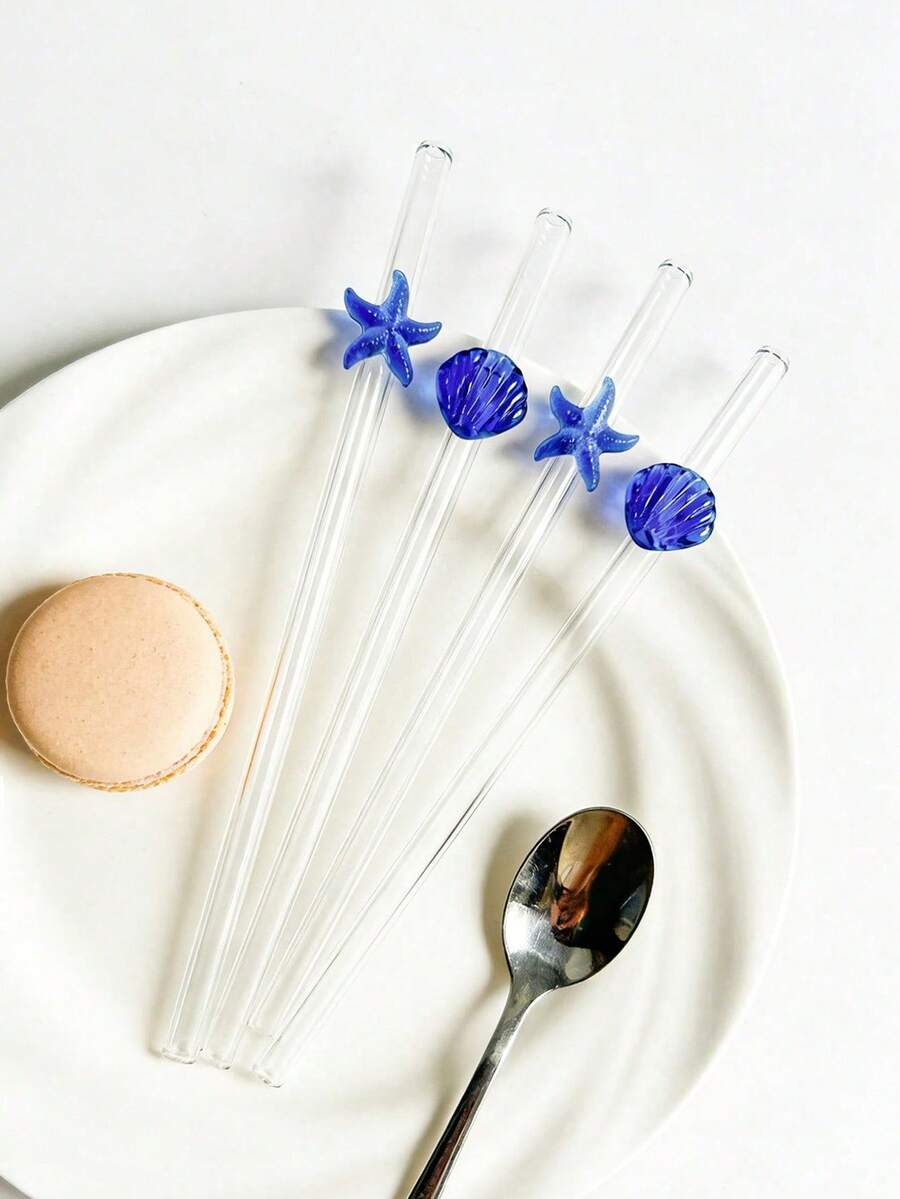2/4 Peças Canudo de Vidro Decorado com Encantos de Estrela do Mar/Concha, Conjunto de Talheres de Canudos de Vidro Reutilizáveis e Dobráveis, Acessórios de Cozinha, Copos de Água, Decoração de Canudos, Smoothies, Leite, Chá, Suco, Drinques, Bebidas Frias, Volta às Aulas, Suprimentos para Despedida de Solteira, Casamento, Viagem, Presente Engraçado para Namorada/Namorado, Temporada de Formatura e Suprimentos para Festa. Presentes de Páscoa, Verão