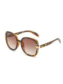1pc Oversized Plastic Frame Fashion Sunglasses, Slimming Face Design UV Protection Shades For Vacay Vibes - 1pc Leopard Frame Double Tea Set - View 2