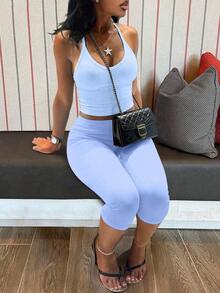 LovelyWholesale Women's Casual V-Neck Ribbed Knit Tank Top And Fitted 7/8 Pants 2 Pieces Set, Summer Black - Baby Blue - View 12
