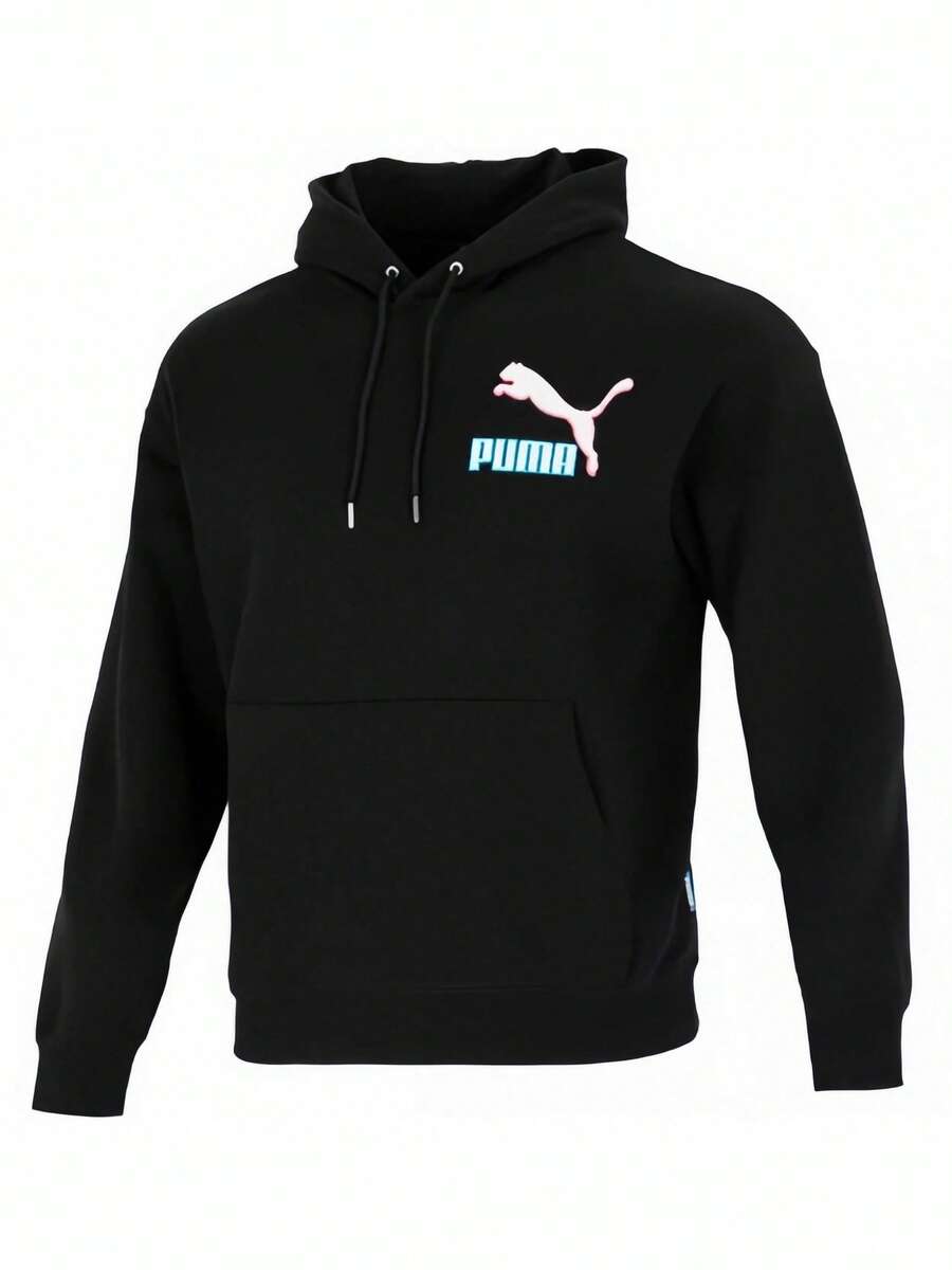 Puma 男士撞色帶口袋圖案印花運動休閒舒適長袖連帽衛衣 - 黑色 - 查看 1