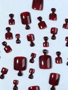 24片/套酒红色方形水钻美甲贴片，包含1瓶果冻胶和1把指甲锉，适合女性和女孩夏季日常美甲用品 - 酒紅色 - 查看 3