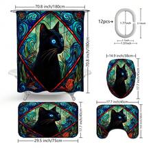 Conjunto de cortina de chuveiro multifuncional com estampa de gato preto em vitral (1 peça ou 4 peças), 12 ganchos inclusos, elegante e com toque festivo, tapete de banheiro, tapete para vaso sanitário em formato de U e tapete para vaso sanitário redondo, adequado para todos os ambientes. - Gato Preto 3 - Ver 12