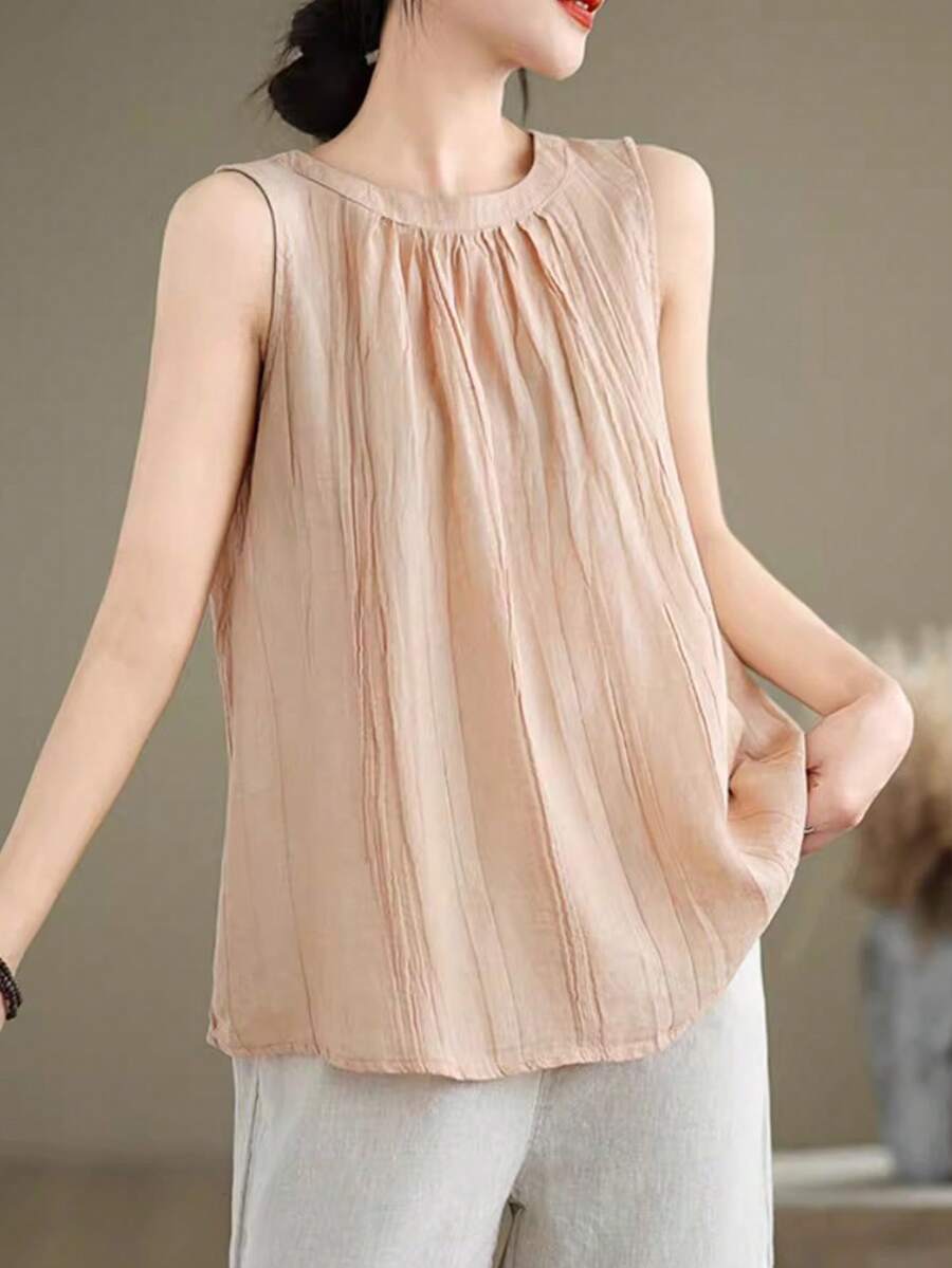 Débardeur rose vintage à col rond, plissé, ample et à la mode - Rose bonbon - Voir 1