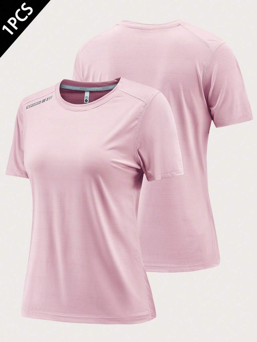 1pc Women's Quick-Dry Breathable Elastic Sports T-Shirt, Suitable For Running, Workout, Fitness - Pink - View 1