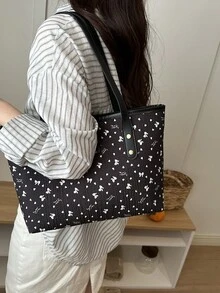 1件黑色尼龍布料光滑拉鍊鉚釘鑲嵌蝴蝶結圖案印花時尚百搭休閒極簡風春夏季新品小眾大容量單肩托特包，適合女性日常使用 - 黑色 - 查看 4