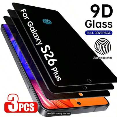 3 piezas Protector de pantalla de vidrio templado anti-espía, compatible con la serie Galaxy S, admite desbloqueo de huella digital en 0.2s, adecuado para Samsung Galaxy S26 Ultra/S25 Ultra/S25+/S25/S24 Ultra/24 Plus/24/23/22/21/25. Anti-espionaje, cobertura de pantalla completa, anti-huellas dactilares, anti-caídas, anti-arañazos, sin burbujas, adecuado para cumpleaños, hogar, accesorios de protector de pantalla de teléfono de amigos.