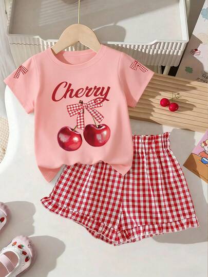 2pcs Girls' Casual Versatile Set, Personality Creative Bow & Plaid Print Matched With Plaid Shorts, Comfortable Daily Wear, Fashionable Cute Outfit