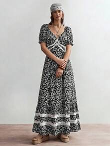 Rusttydustty Đầm nữ kiểu vintage bohemian họa tiết hoa nhí tay ngắn, thắt eo, thích hợp cho kỳ nghỉ và mặc hàng ngày, thanh lịch mùa xuân/hè. - Đen và trắng - Xem 3