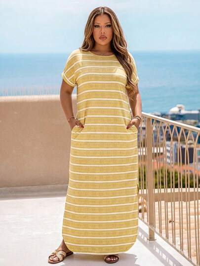 Astrid Plus Size Women's Line Print Minimalist Short Sleeve Casual Dress Elegant Summer