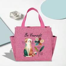 Floral Cat Print Tote Bag, Lightweight Large Capacity Commuter Handbag, Office Lady Tote - Multicolor - View 3