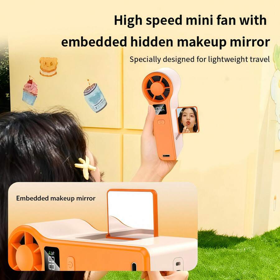 1pc Summer Bestseller 1800mAh Capacity Handheld Fan With Mirror, High-Speed Portable Swirl Smart Display Continuous Runtime Strengthened Airflow Mini Fan With Mirror - 多色 - 查看 1