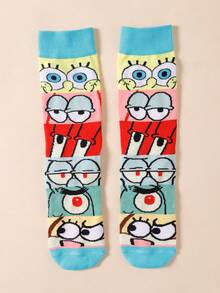SpongeBob SquarePants 1 par de calcetines casuales de media pantorrilla con patrón de ojo de dibujo animado y bloques de color para mujeres, calcetines deportivos de moda para todas las estaciones - Multicolor - Ver 3