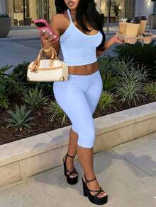 LovelyWholesale Women's Casual V-Neck Ribbed Knit Tank Top And Fitted 7/8 Pants 2 Pieces Set, Summer Black - Baby Blue - View 3