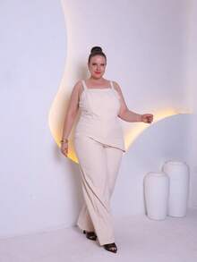 Women's Plus Size Tailored Set Consisting Of A Blouse And Wide-Leg Trousers C3090-2 - 米色 - 查看 6