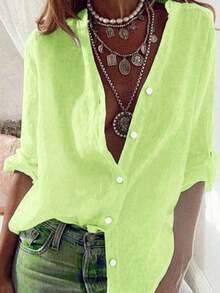 Blusa de manga larga de un solo pecho, de unicolor, de estilo minimalista y versátil, adecuada para uso diario, viajes, todas las estaciones y el Día de San Valentín, primavera - verde fluorescente - Ver 6