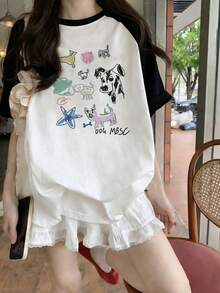 Áo thun nữ tay ngắn cổ tròn raglan phối màu, họa tiết động vật, sao, chó, lợn, chữ, kiểu dáng thường ngày, thích hợp cho mùa xuân/hè. - Đen và trắng - Xem 4