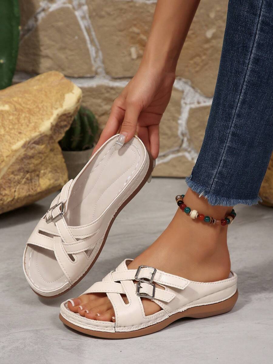 1 đôi sandal đế xuồng rỗng tối giản cho nữ, quai chéo, khóa đôi, màu be thoải mái, kiểu dáng slip-on, thanh lịch cho mùa xuân/hè, thích hợp cho các hoạt động ngoài trời, phù hợp với người có kích thước lớn, quà tặng Ngày của Mẹ.