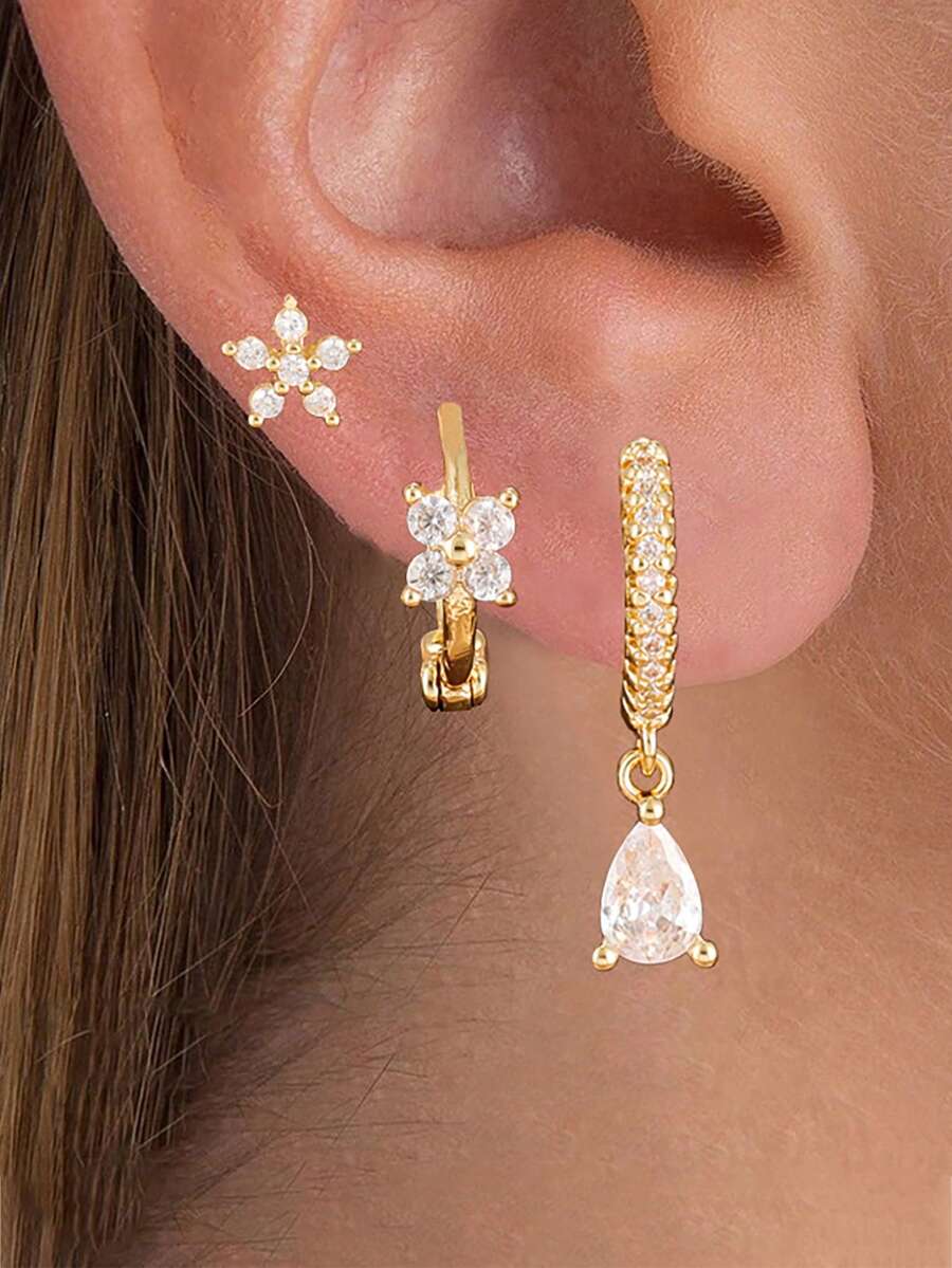 3件套新款闪亮锆石花朵耳环，18K镀金水滴形小耳钉套装，韩版可爱耳饰 - 3pcs-金色 - 查看 1