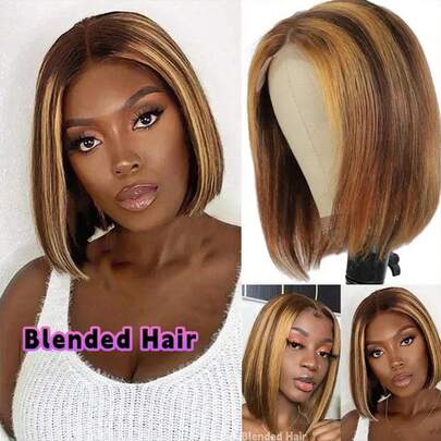 13x4 Lace Front Wigs 200% Density Brazilian Blended Virgin Hair Lace Front Human Frontal Hair Highlight Straight Wig Pre Plucked With Baby Hair Blended Hair For Women