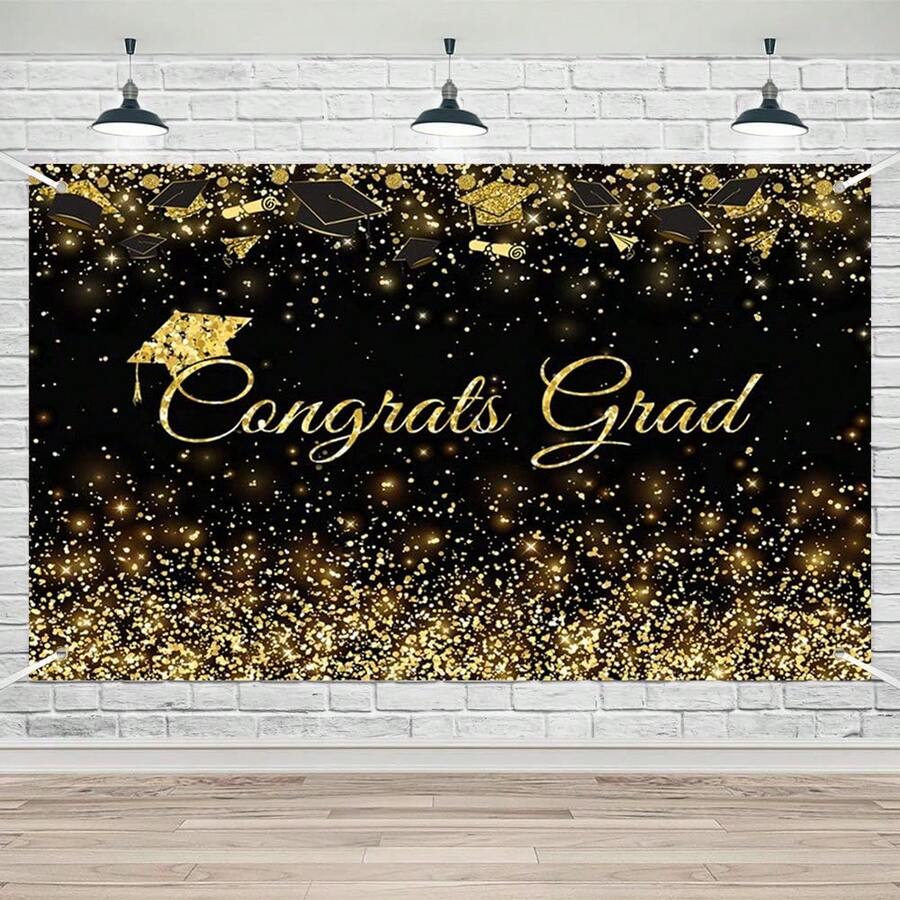 1pc Class Of Congrats Grad Black Golden Glitter Backdrop Congratulate ...