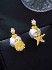 1 Pair Asymmetric Pearl Starfish Pendant Earrings, Fashion Design Adjustable Earrings, DIY Jewelry, Summer Beach Style Gift For Women - Yellow Gold - View 6