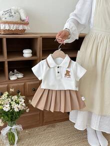 Baby Girl Cartoon POLO T-Shirt & Pleated Skirt 2pcs Set, School Season - Multicolor - View 3