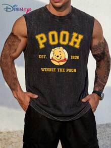 Disney Classic Winnie The Pooh Graphic Men's Vest - 100% Washed Cotton, Front Vintage "EST. 1926" Logo With Pooh Portrait & Back Oversized Repeating "POOH" Letters With Honey Pot Cartoon, Casual Sleeveless Shirt For Daily Wear - 黑色 - 查看 3