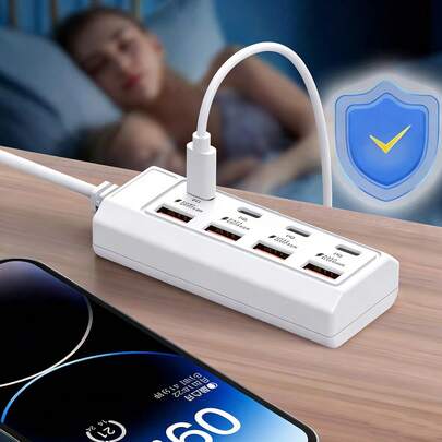 8-Port USB Charging Station, 4 USB 3.0 Ports + 4 25W PD Fast Charging Ports, White Universal Charging Dock Compatible With Laptops/Phones/Tablets