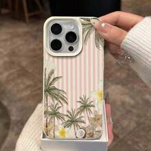 1pc TPU Material Pink Striped Coconut Tree & Floral Pattern Phone Case Suitable For IPhone 17 Pro Max/17/16 Pro Max/15/13/12/11, S20 FE/A15/S24/A55, Note 11/12/13 Pro, Full Coverage Anti-Drop Soft Protective Cover - White - View 3