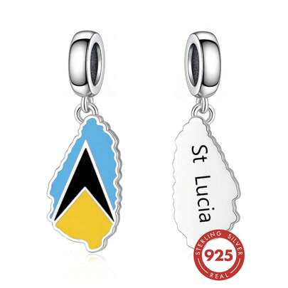 HuooNew 1pc 925 Sterling Silver Saint Lucia Island Map Pendant, Paired With Enamel Saint Lucia Flag Beads, Suitable For Bracelet, Travel Souvenir Jewelry, Caribbean Island Gift For Women