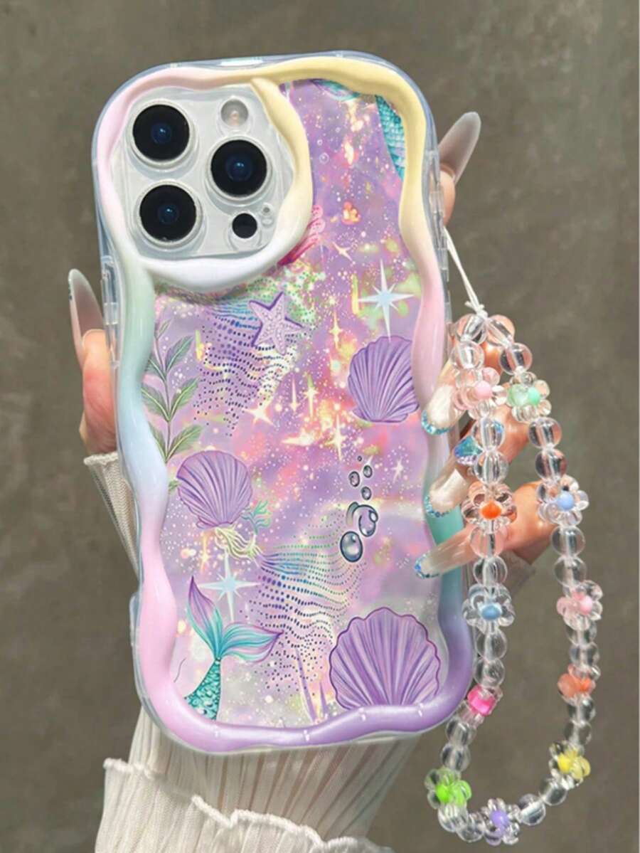 海洋生物印花奶油色波浪边手链式表带简约防震加厚手机保护壳，兼容 17/17 Pro/17 Pro Max、16 XR/7/8、15 Pro Max、12 Pro Max、13 Pro Max、14 Pro Max、13、14、11、12P、14P、11P、12P、XS、XR、7/8P、7/8G、ES2。 - 彩色 - 查看 1