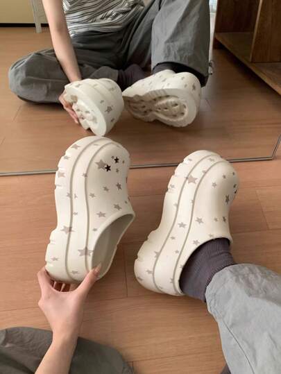 女士星形印花厚底凉鞋 - 防水闭趾防滑EVA舒适凉鞋，适合户外徒步、海滩和日常休闲穿着