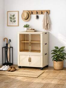 三层可折叠移动储物柜，带轮子、透明门，多功能置物推车，适用于家庭、办公室、浴室 - 节省空间 - 米色 - 查看 2