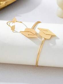 2pcs Gold Metal Hollow Smooth Graduation Cap Bracelet & Ring Set, Fashion Jewelry For Graduation, Party, Banquet - Yellow Gold - View 3