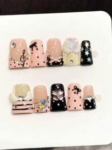 10片鸭子造型假指甲，湖蓝色法式水钻，3D白色花朵，适合派对和日常佩戴 - 淺粉色 - 查看 10