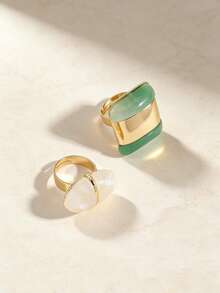 2026新款中国风复古优雅绿玛瑙白贝壳女士首饰套装，18K镀金几何戒指耳环套装 - 彩色 - 查看 6