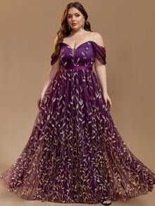 Vestidos largos de noche elegantes para mujer talla grande con estampado floral en todo el diseño, cintura de malla romántica, aplicaciones, hombros descubiertos, lentejuelas, para eventos formales, fiestas, bodas, primavera - Morado - Ver 6