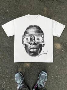 2026 New  Men's And Women's T-ShirtMen's Oversized Streetwear T-Shirt With Dollar Bill & Portrait Print - White Loose Fit Round Neck Tee Suitable For Casual Summer Wear, Dollar Sign Currency, Machine Washable Comfortable Fabric For Daily Outfits And Layering - 白色 - 查看 4