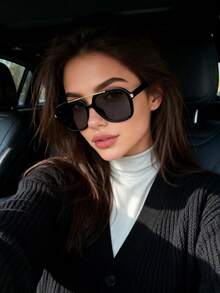 1pc New Arrival European And American Large Square Double-Bridge Fashion Glasses, Elegant Street Style Versatile Glasses For Women - Black Frame Gray Film - View 2