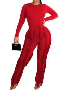 CALEBGAR Women's Sexy Two Piece Outfits Long Sleeve Fringe Pants Set Clubwear Going Out Birthday Party Night Outfits - Đỏ - Xem 10