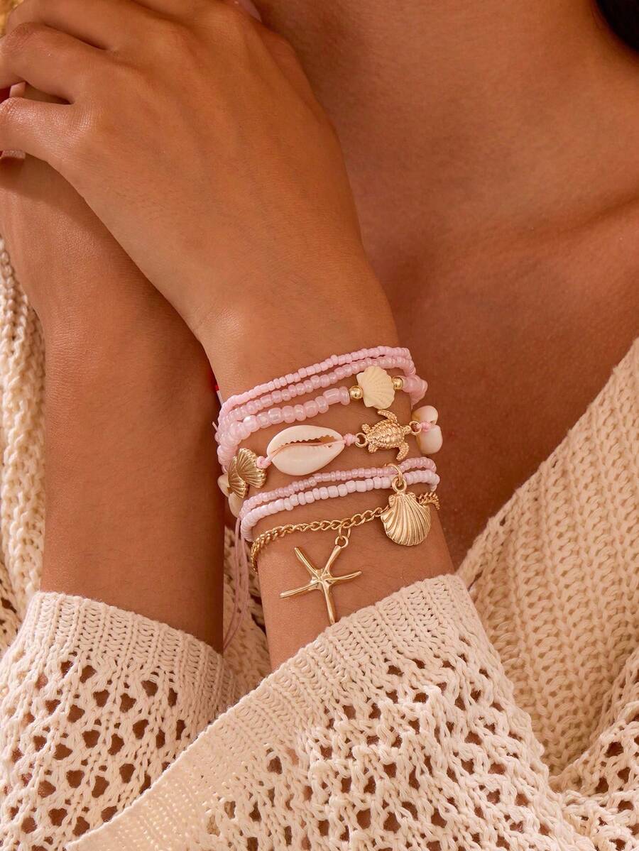 7pcs/Set Women's Bohemian Style Beach Ocean Element Turtle Shell Starfish Charm Bracelets - Baby Pink - View 1