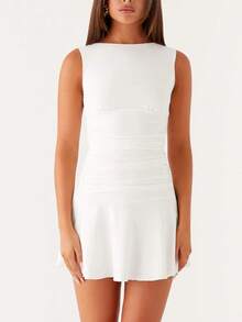 Women's Sleeveless Ruched Bodycon Mini Dress Boat Neck Flared Hem A-Line Dress For Party, Wedding Guest  Daily Wear - White - View 2