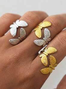 Uself 3pcs/Set Stainless Steel Delicate Butterfly Design Stackable Asymmetrical Rings, Women's Party & Holiday Accessories, Women Rings, Female Jewelry - Multicolor - View 3