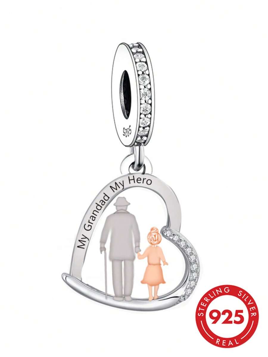 HuooNew 1入組時尚標語細節人像和方晶鋯石裝飾心銀DIY吊墜適合男士女士DIY首飾製作 - 銀色 - 查看 1